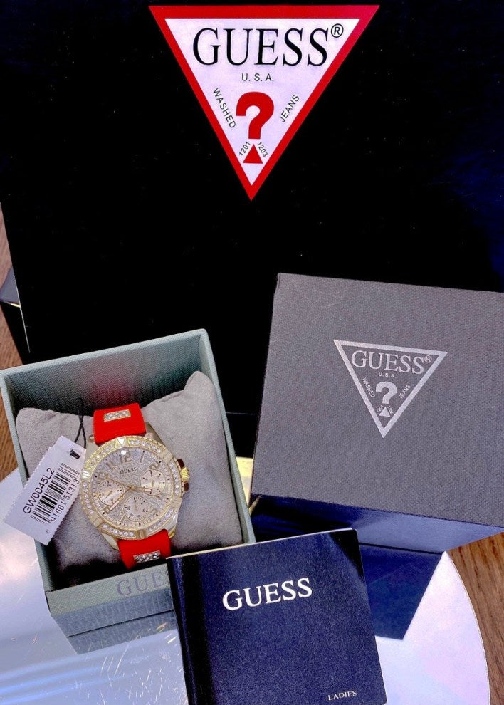 Guess Frontier Diamonds Gold Dial Red Rubber Strap Watch for Women - GW0045L2 Buy Now By Guess