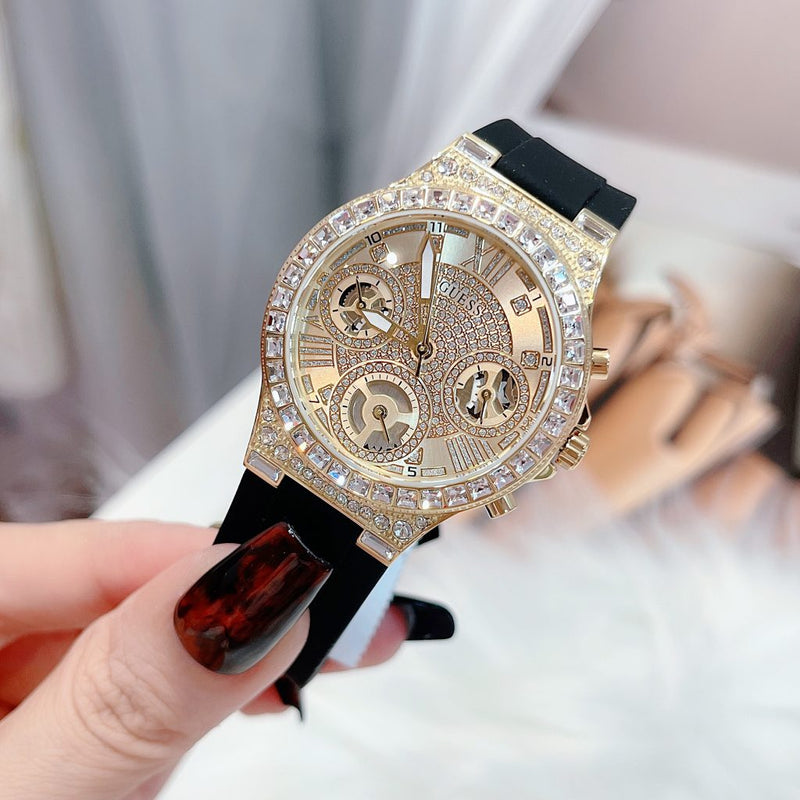 Guess Moonlight Crystals Silver Dial Black Silicone Strap Watch For Women - GW0257L1 Buy Now By Guess