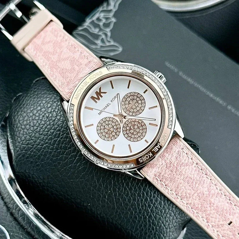 Shop Michael Kors Multifunction Silver Dial Pink Leather Strap Watch For Women - MK7206 in USA