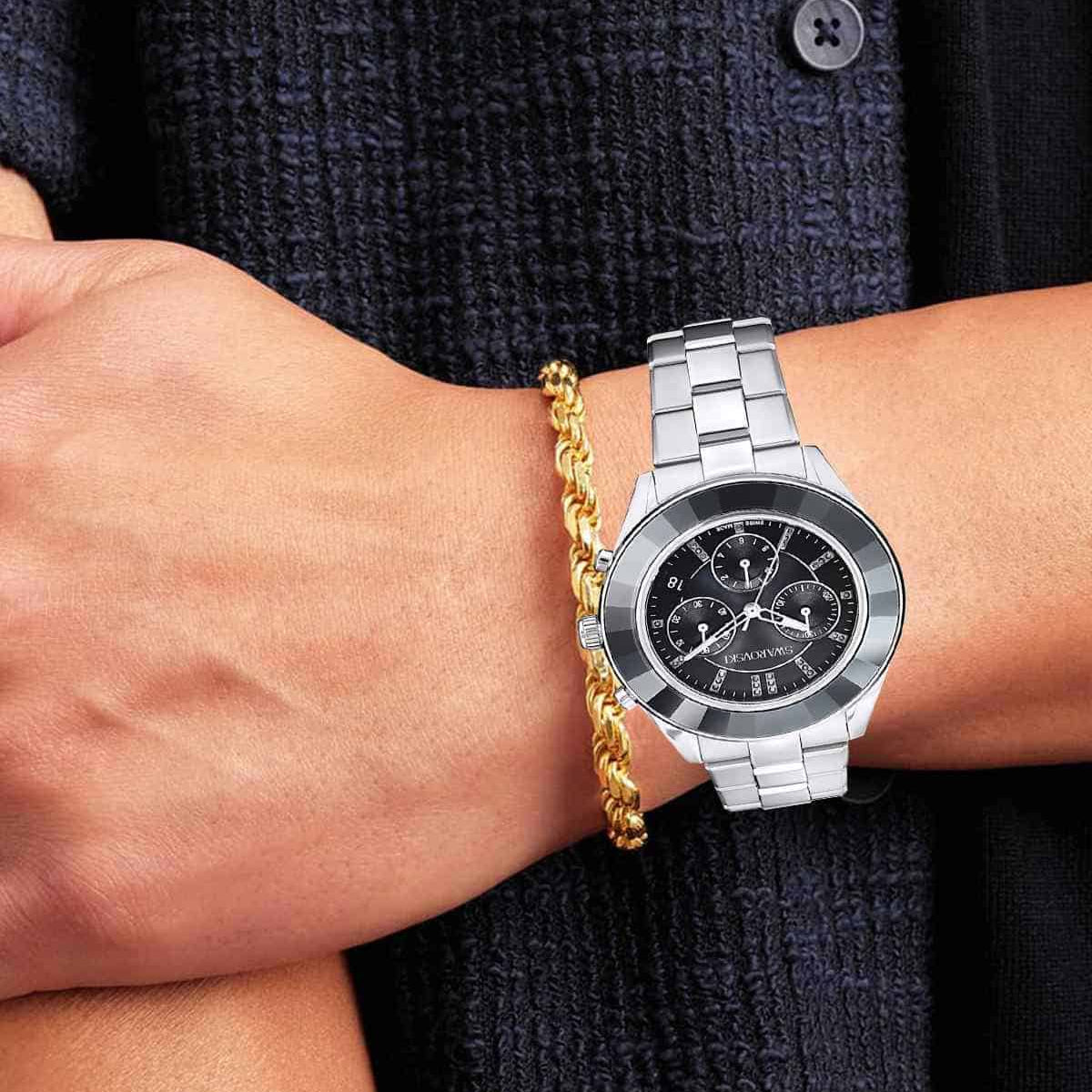 Swarovski Octea Lux Sport Chronograph Black Dial Silver Steel Strap Watch for Women - 5610520