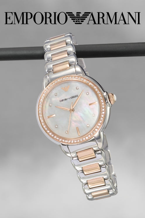 Emporio Armani Three Hand Quartz Mother of Pearl Dial Two Tone Steel Strap Watch For Women - AR11569 Buy Now By Emporio Armani