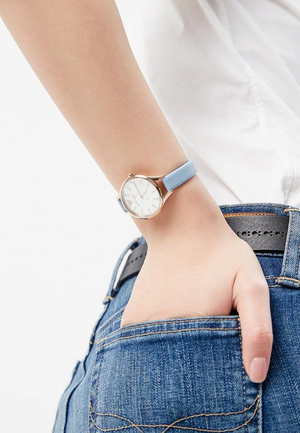 Emporio Armani Aurora Quartz Mother of Pearl White Dial Blue Leather Strap Watch For Women - AR11109 Buy Now By Emporio Armani