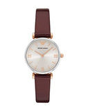 Emporio Armani Gianni T-Bar Quartz Silver Dial Brown Leather Strap Watch For Women - AR11061