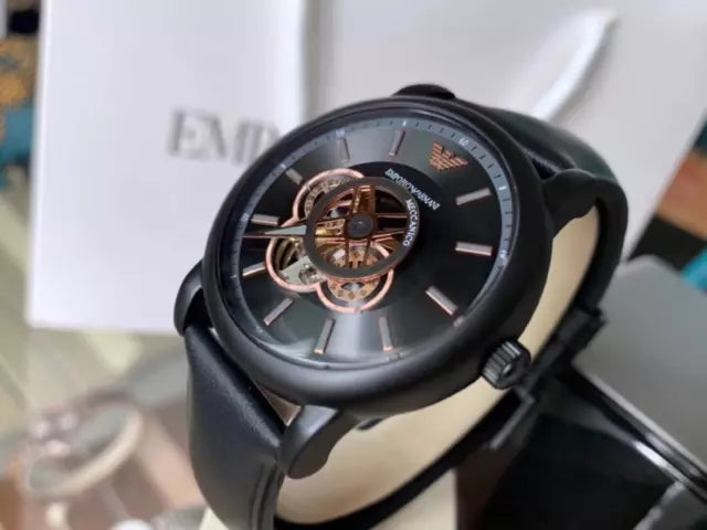 Emporio Armani Luigi Automatic Skeleton Black Dial Black Leather Strap Watch For Men - AR60012 Buy Now By Emporio Armani