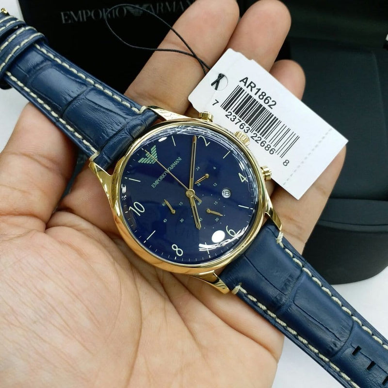 Emporio Armani Chronograph Midnight Blue Dial Blue Leather Strap Watch For Men - AR1862 Buy Now By Emporio Armani