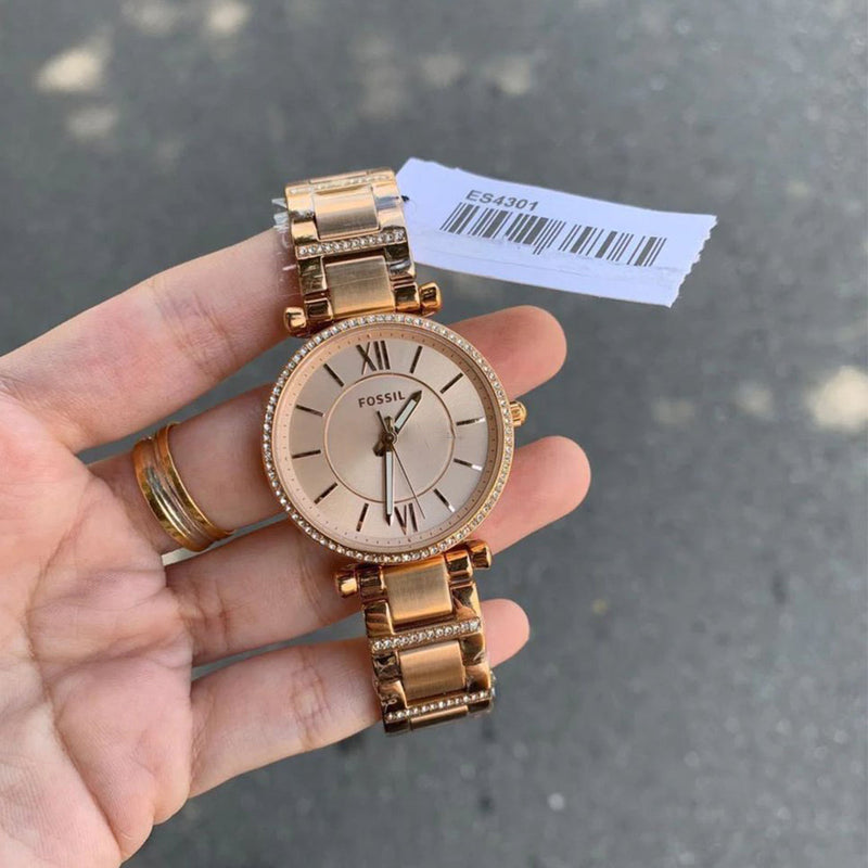 Fossil Carlie Rose Gold Dial Rose Gold Steel Strap Watch for Women - ES4301 Buy Now By Fossil