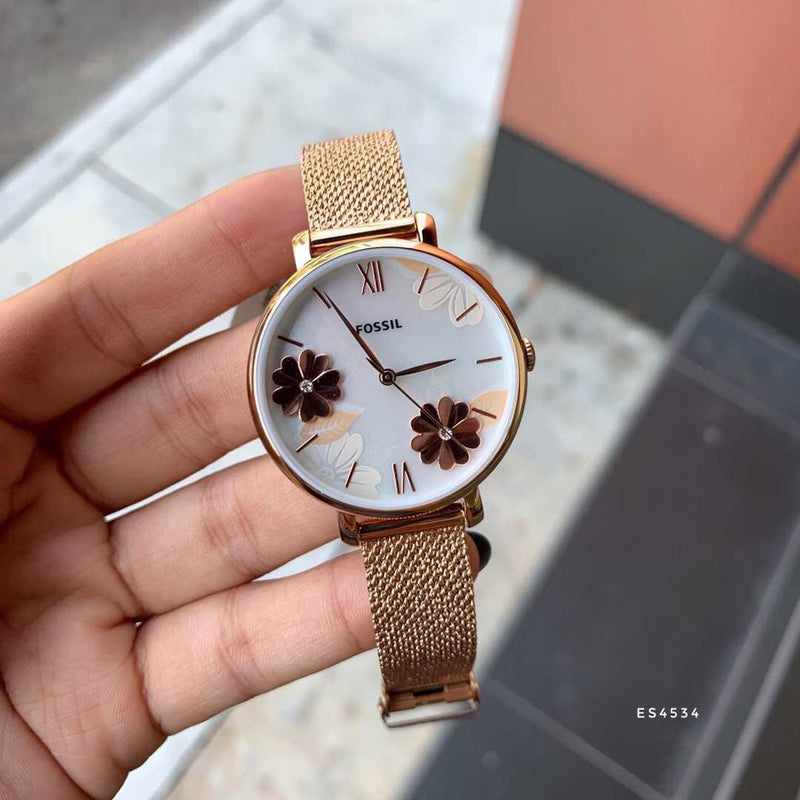 Fossil Jacqueline Three-Hand White Dial Rose Gold Mesh Bracelet Watch for Women - ES4534 Buy Now By Fossil
