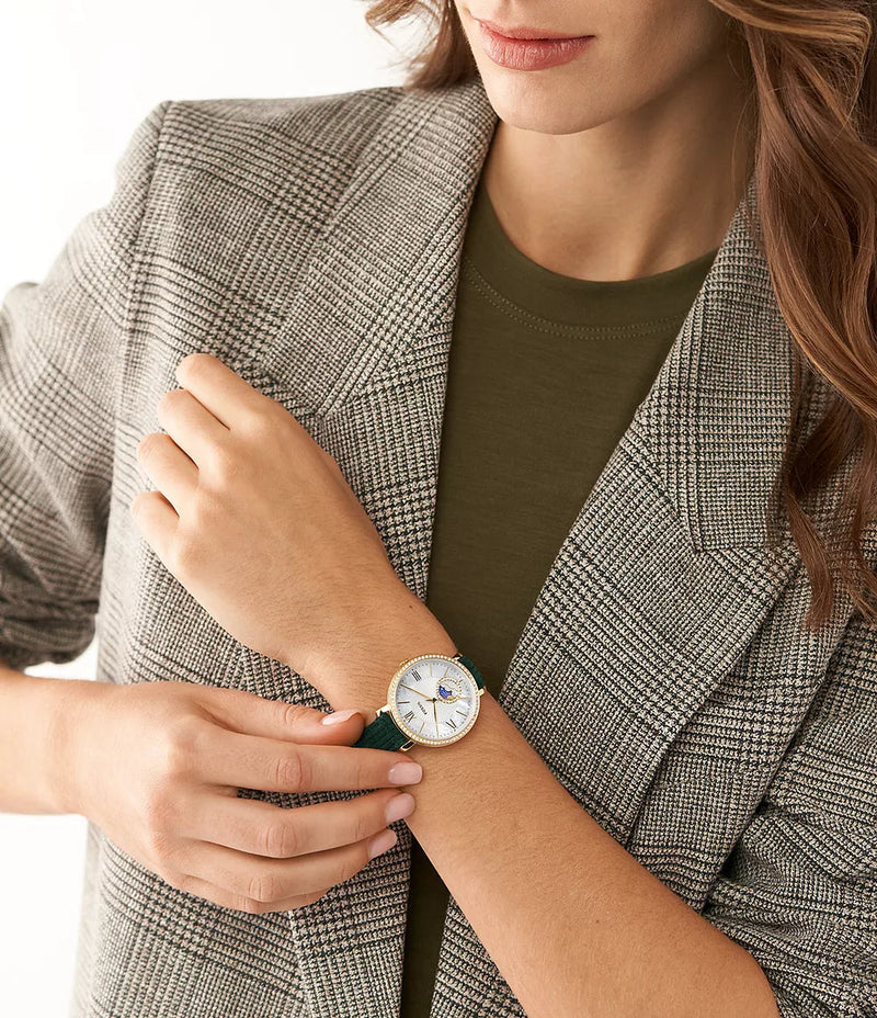 Fossil Jacqueline Multifunction Moonphase Mother of Pearl White Dial Green Leather Strap Watch for Women - ES5244 Buy Now By Fossil