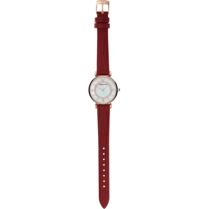 Emporio Armani Gianni T-Bar Analog Mother of Pearl Dial Red Leather Strap Watch For Women - AR11322 Buy Now By Emporio Armani
