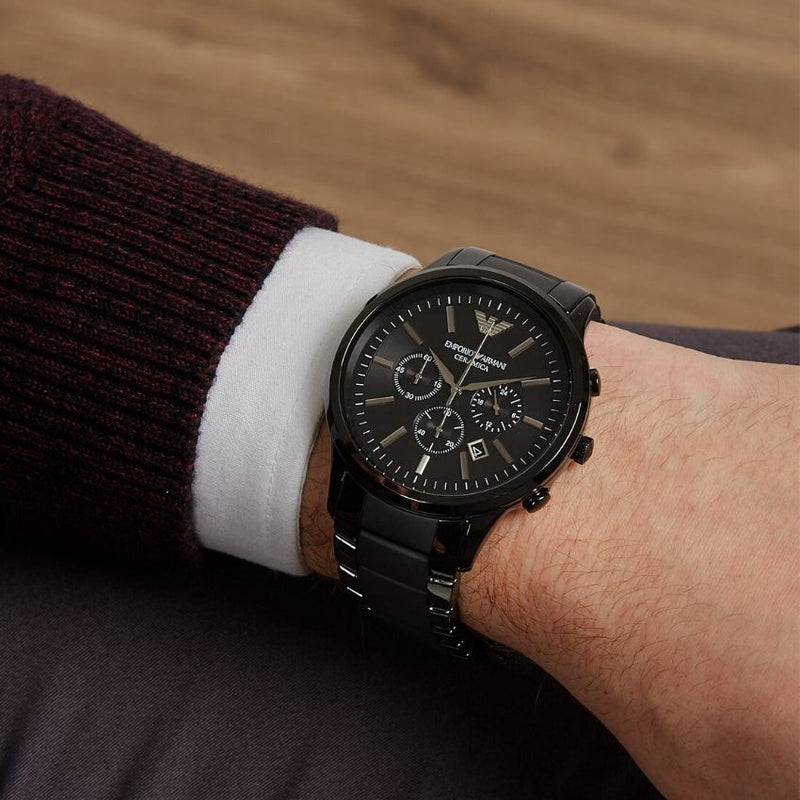 Emporio Armani Ceramica Chronograph Black Dial Black Steel Strap Watch For Men - AR1451 Buy Now By Emporio Armani