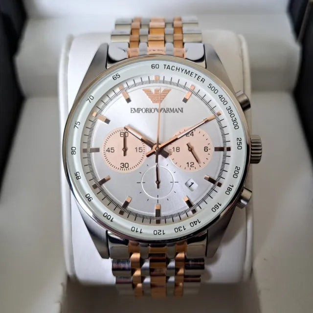 Emporio Armani Sportivo Chronograph Silver Dial Two Tone Steel Strap Watch For Men - AR5999 Buy Now By Emporio Armani