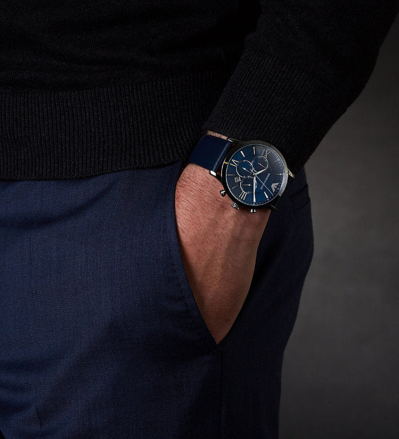 Emporio Armani Giovanni T Bar Chronograph Quartz Blue Dial Blue Leather Strap Watch For Men - AR11226