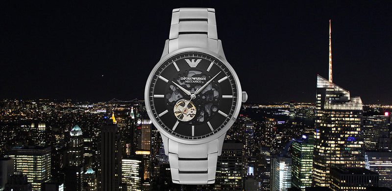 Emporio Armani Meccanico Automatic Black Dial Silver Steel Strap Watch For Men - AR60055 Buy Now By Emporio Armani