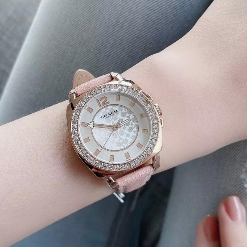 Coach Boyfriend Mother of Pearl White Dial Pink Leather Strap Watch for Women - 14503151 Buy Now By Coach