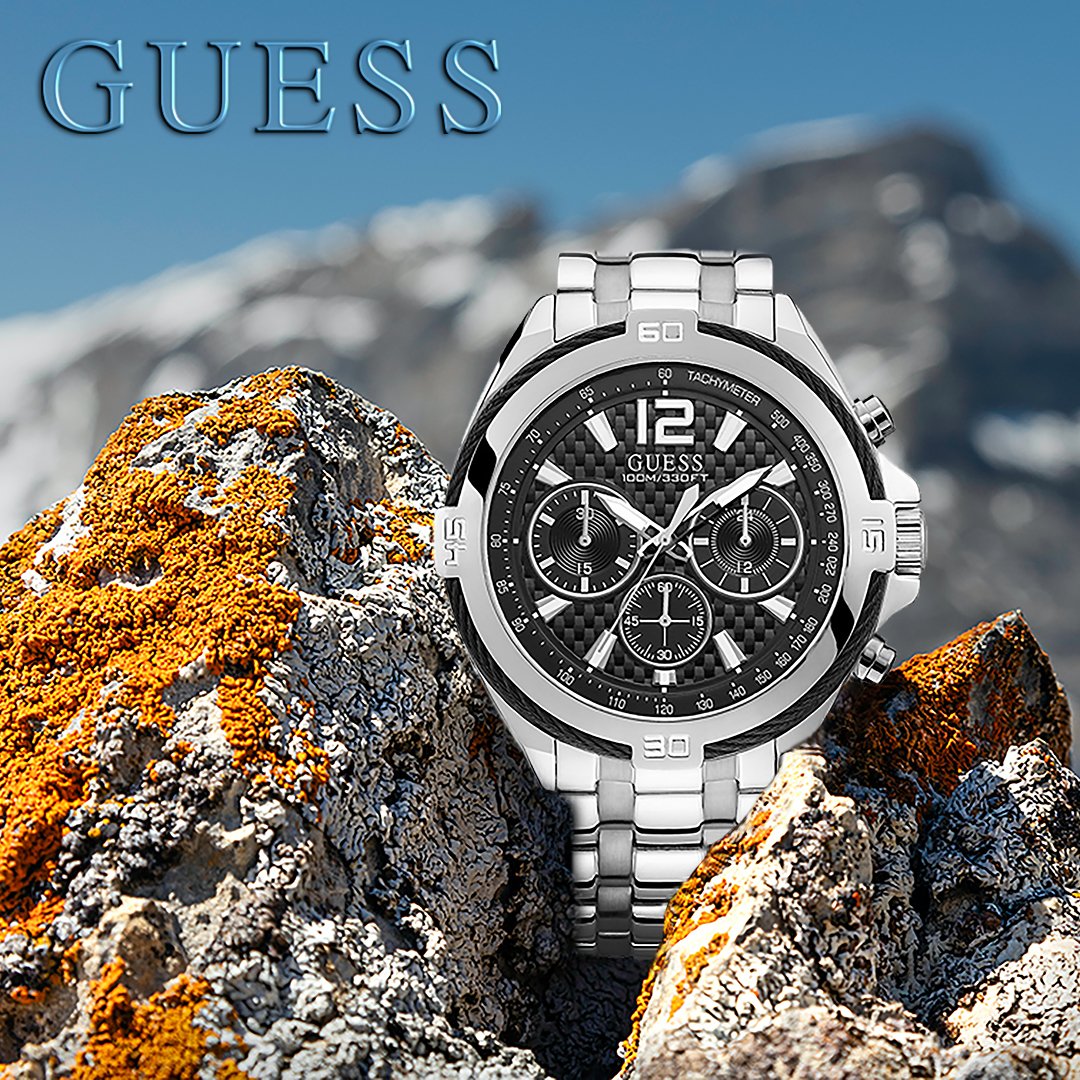 Guess Surge Chronograph Black Dial Silver Steel Strap Watch for Men - W1258G1