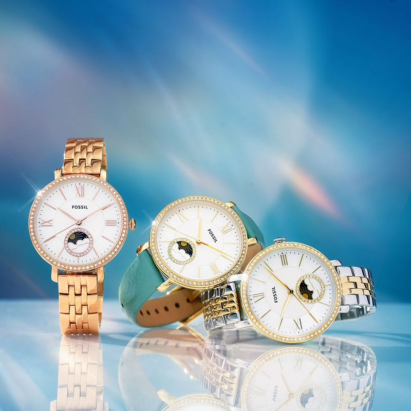 Fossil Jacqueline Analog Moonphase Mother of Pearl White Dial Green Leather Strap Watch for Women - ES5168 Buy Now By Fossil