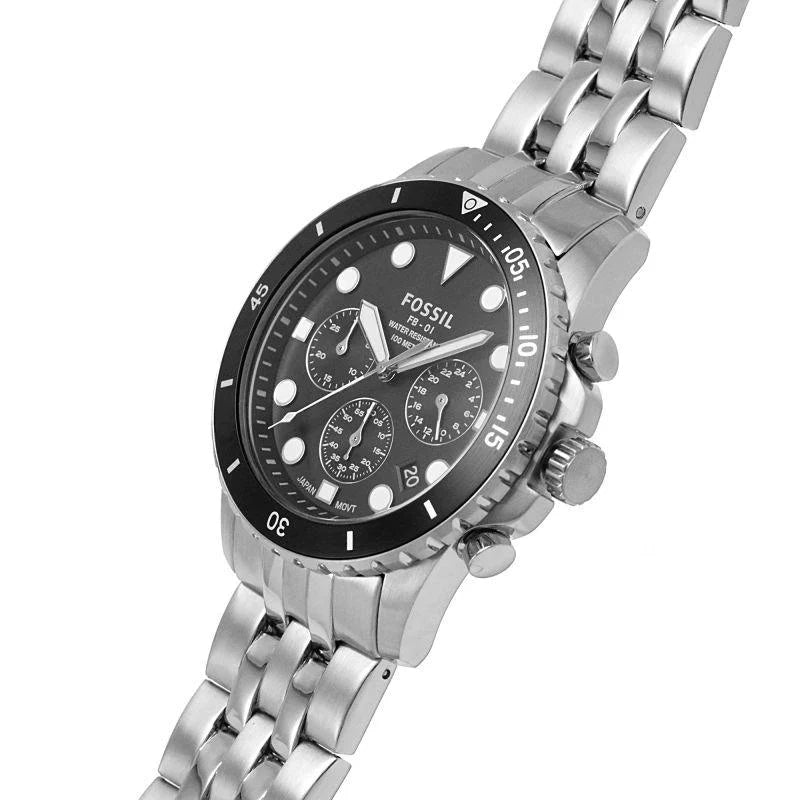 Fossil FB-01 Chronograph Black Dial Silver Steel Strap Watch for Men - FS5837 Buy Now By Fossil