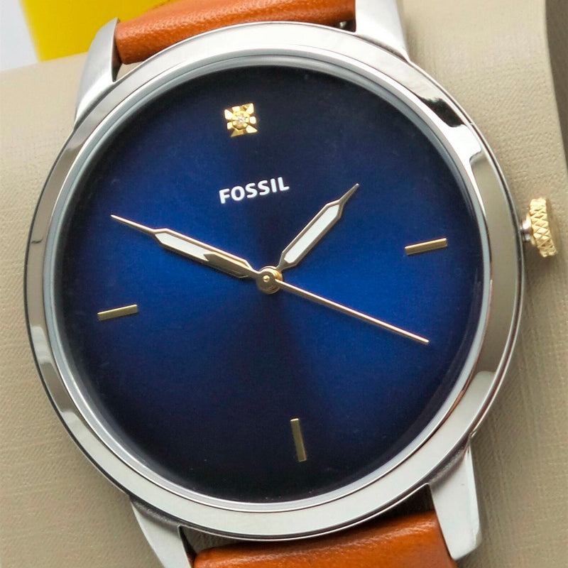 Shop Fossil The Minimalist 3H Blue Dial Brown Leather Strap Watch for Men - FS5499 in USA