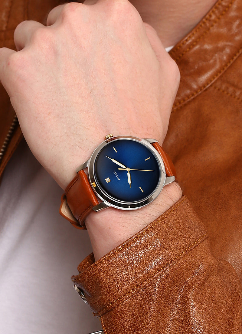 Shop Fossil The Minimalist 3H Blue Dial Brown Leather Strap Watch for Men - FS5499 in USA