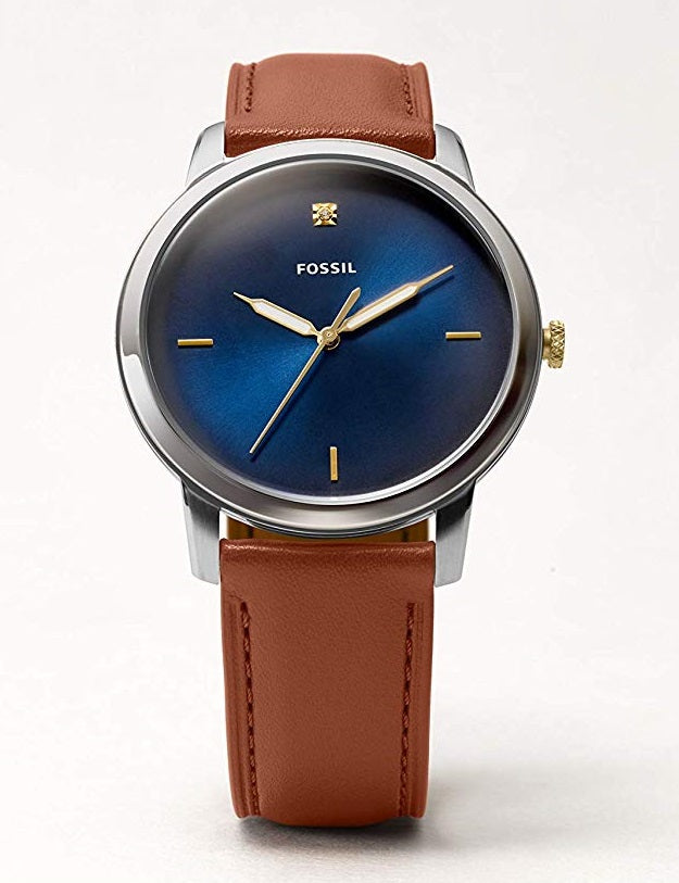 Shop Fossil The Minimalist 3H Blue Dial Brown Leather Strap Watch for Men - FS5499 in USA