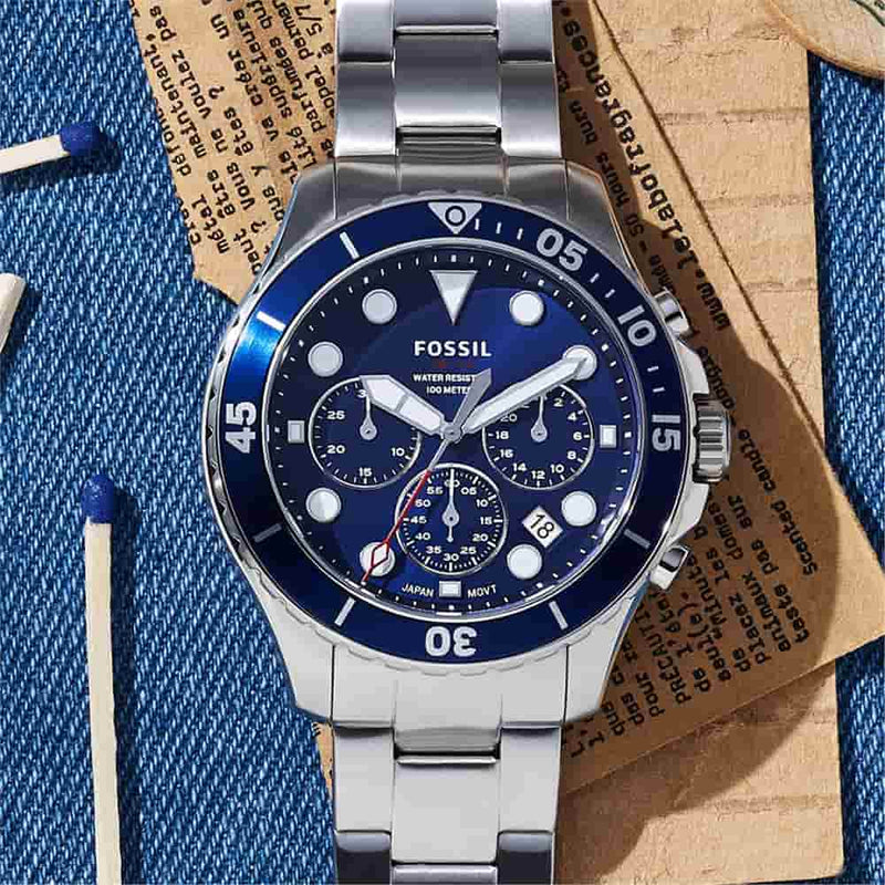 Fossil FB-03 Chronograph Blue Dial Silver Steel Strap Watch for Men - FS5724 Buy Now By Fossil