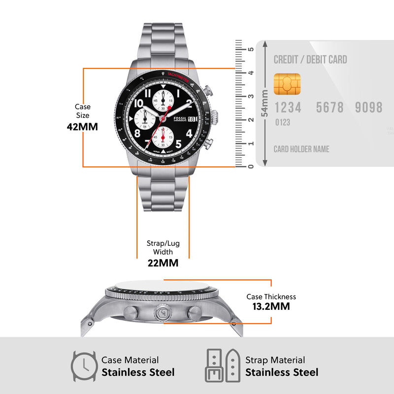 Fossil Sport Tourer Chronograph Black Dial Silver Steel Strap Watch for Men - FS6045 Buy Now By Fossil