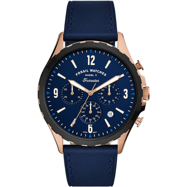 Fossil Forrester Chronograph Blue Dial Blue Leather Strap Watch for Men - FS5814
