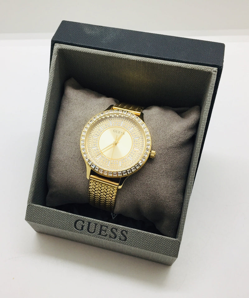 Shop Guess Soiree Diamonds Gold Dial Gold Mesh Bracelet Watch for Women - GW0402L2 in USA
