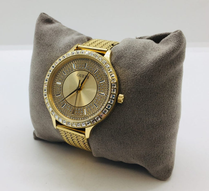 Shop Guess Soiree Diamonds Gold Dial Gold Mesh Bracelet Watch for Women - GW0402L2 in USA