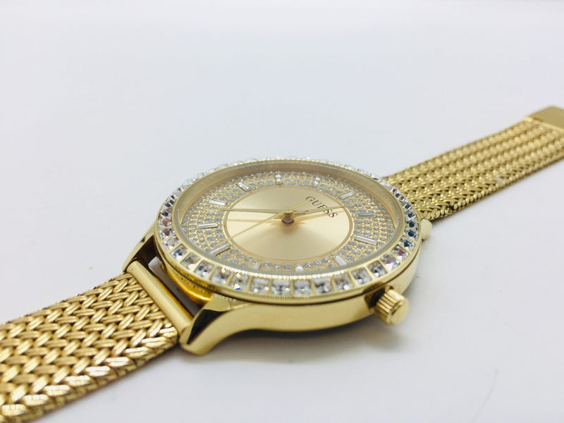 Shop Guess Soiree Diamonds Gold Dial Gold Mesh Bracelet Watch for Women - GW0402L2 in USA