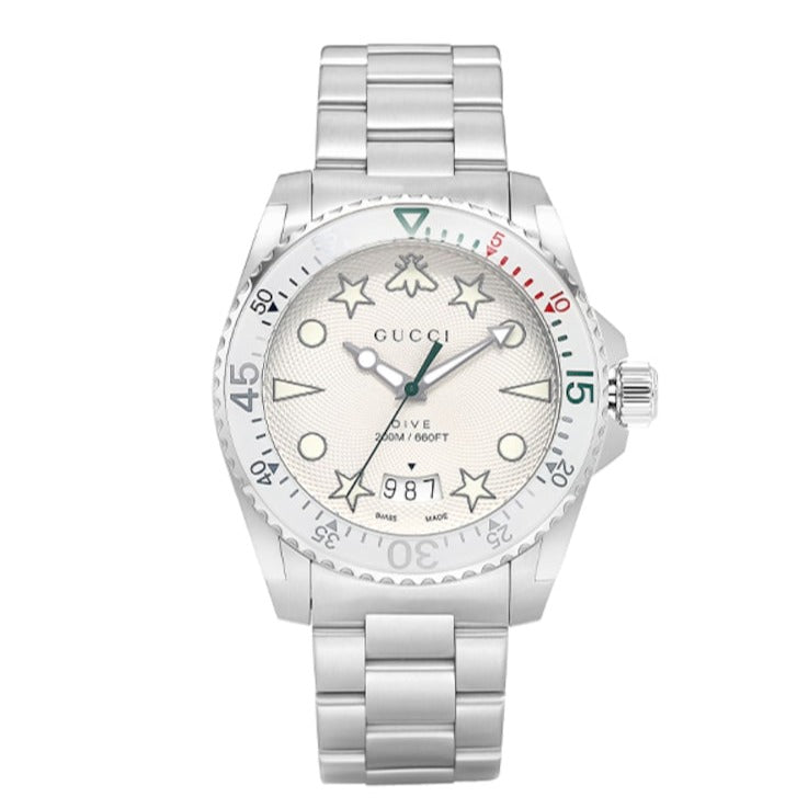 Shop Gucci Dive Quartz White Dial Silver Steel Strap Watch For Men - YA136336 in USA