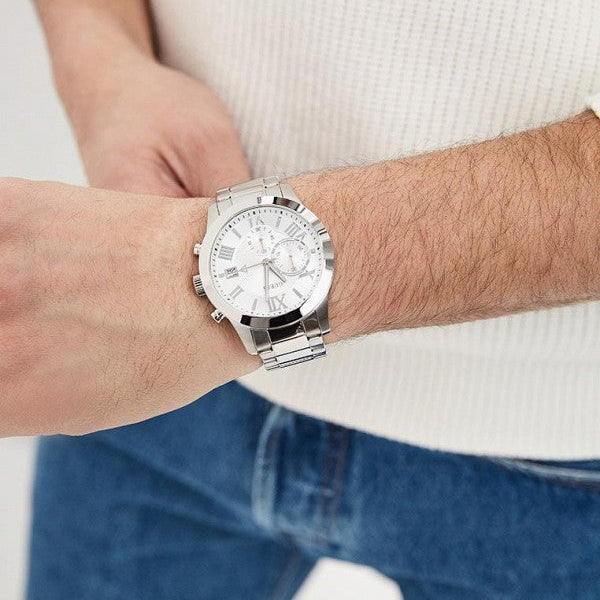 Guess Atlas Chronograph Silver Dial Silver Steel Strap Watch For Men - W0668G7 Buy Now By Guess