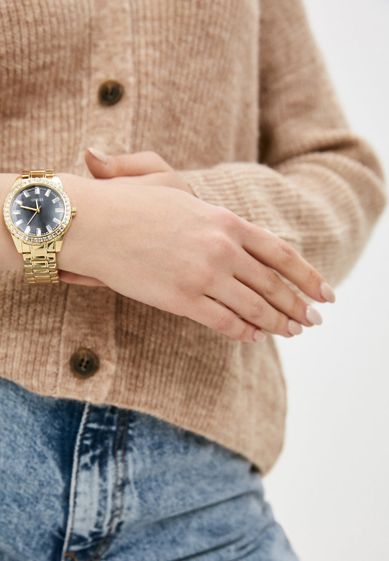 Guess Sparkler Diamonds Black Dial Gold Steel Strap Watch for Women - GW0111L2 Buy Now By Guess