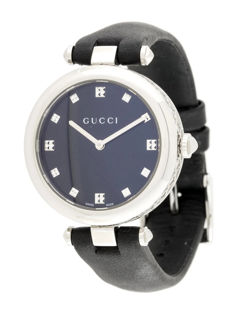 Shop Gucci Diamantissima Diamonds Black Dial Black Leather Strap Watch For Women - YA141403 in USA