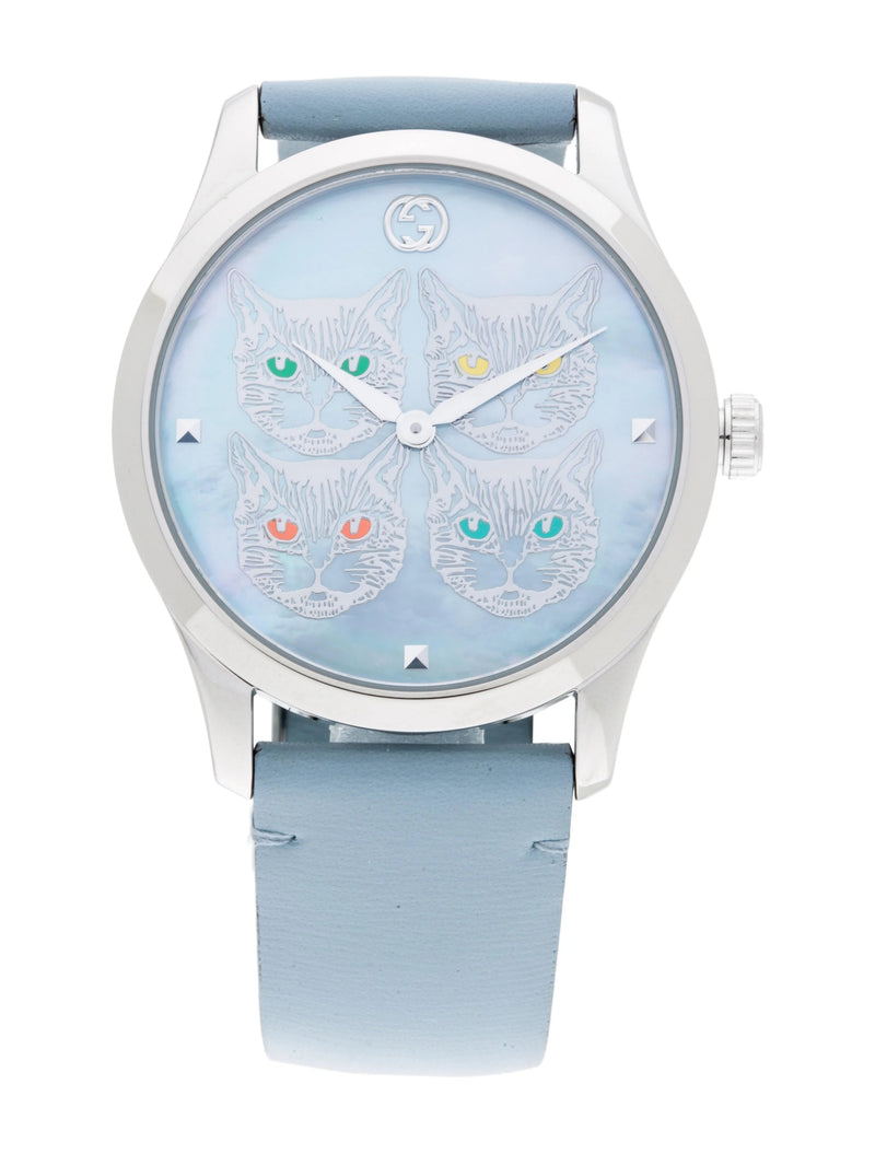 Shop Gucci G Timeless Quartz Mother of Pearl Dial Blue Leather Strap Watch For Women - YA1264124 in USA