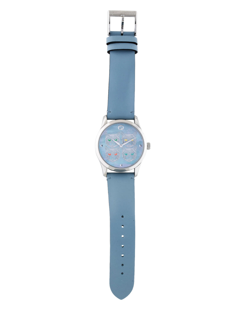 Shop Gucci G Timeless Quartz Mother of Pearl Dial Blue Leather Strap Watch For Women - YA1264124 in USA