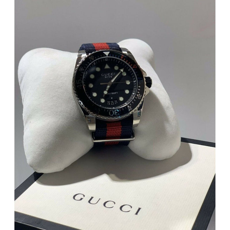 Shop Gucci Dive Black Dial Red & Blue Nylon Strap Watch For Men - YA136210 in USA