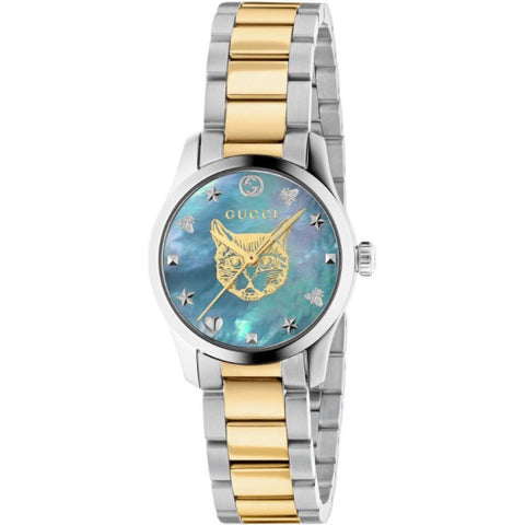 Shop Gucci G Timeless Quartz Mother of Pearl Blue Dial Two Tone Steel Strap Watch For Women - YA1265011 in USA