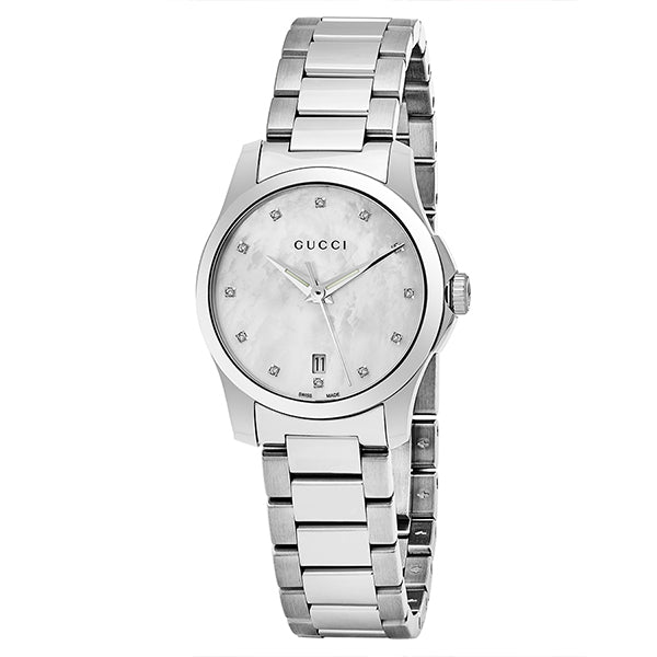 Shop Gucci G Timeless Diamonds Mother of Pearl Dial Silver Steel Strap Watch For Women - YA126542 in USA