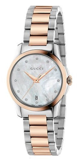 Shop Gucci G Timeless Diamonds Mother of Pearl Dial Two Tone Steel Strap Watch For Women - YA126544 in USA