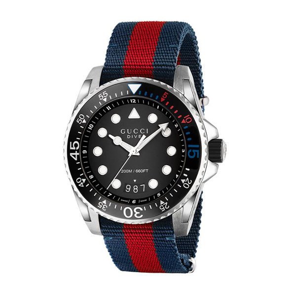 Shop Gucci Dive Black Dial Red & Blue Nylon Strap Watch For Men - YA136210 in USA