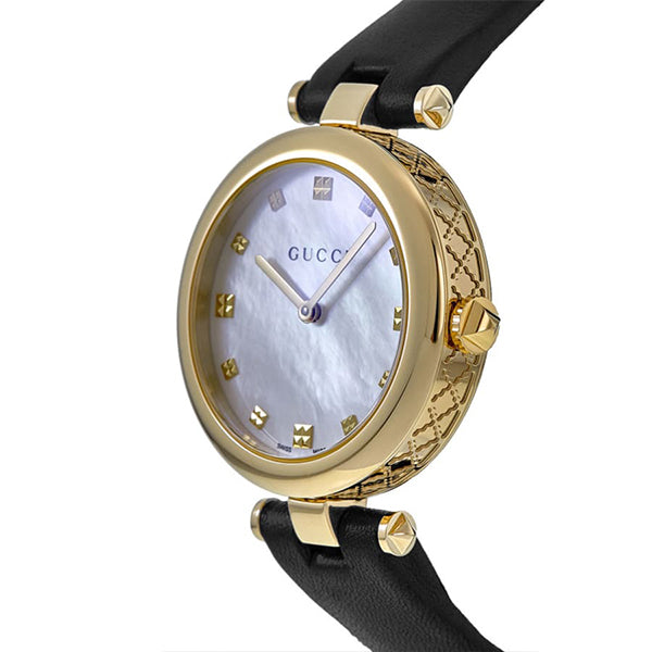 Shop Gucci Diamantissima Quartz Mother of Pearl Dial Black Leather Strap Watch for Women - YA141404 in USA