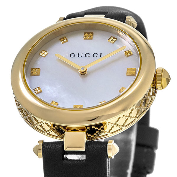 Shop Gucci Diamantissima Quartz Mother of Pearl Dial Black Leather Strap Watch for Women - YA141404 in USA
