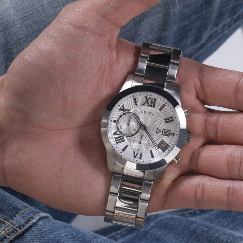 Guess Atlas Chronograph Silver Dial Silver Steel Strap Watch For Men - W0668G7 Buy Now By Guess