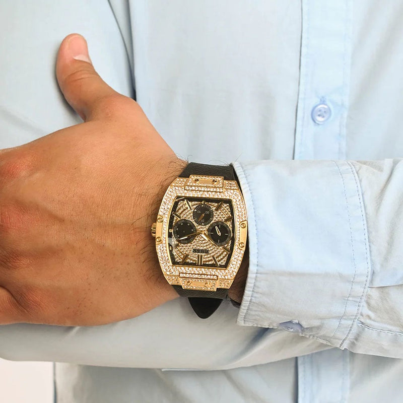 Guess Phoenix Multifunction Crystals Gold Dial Black Silicone Strap Watch For Men - GW0048G2 Buy Now By Guess