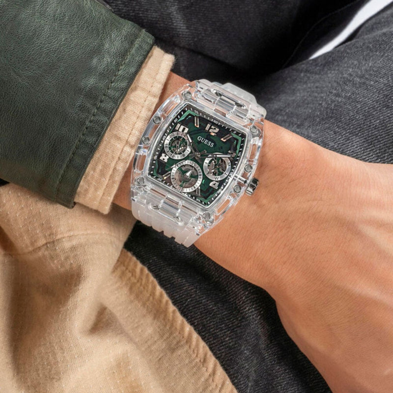 Guess Phoenix Quartz Green Dial Transparent Silicone Strap Watch For Men - GW0499G8 Buy Now By Guess