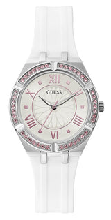 Guess Sparkling Silver Dial White Rubber Strap Watch For Women - GW0032L1 Buy Now By Guess
