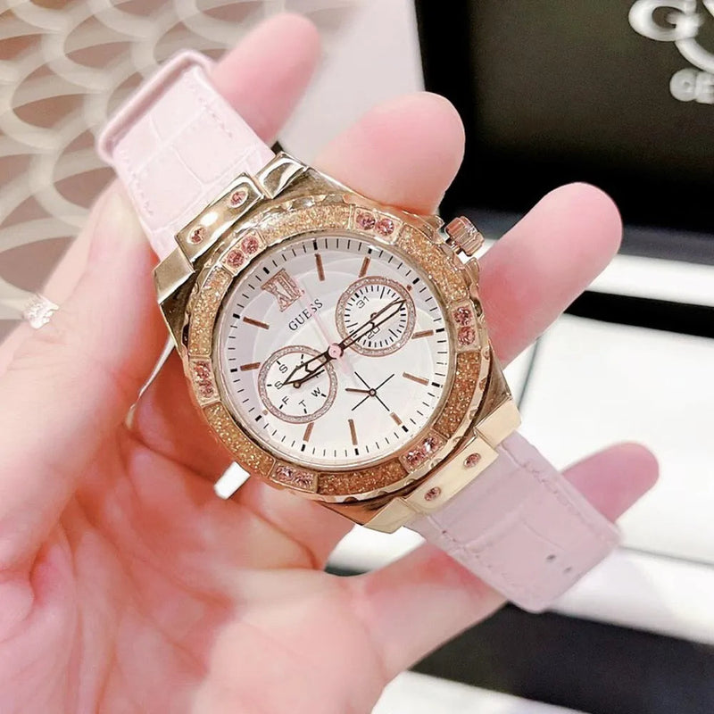 Shop Guess Limelight Quartz Analog White Dial Pink Leather Strap Watch For Women - W0775l3 in USA