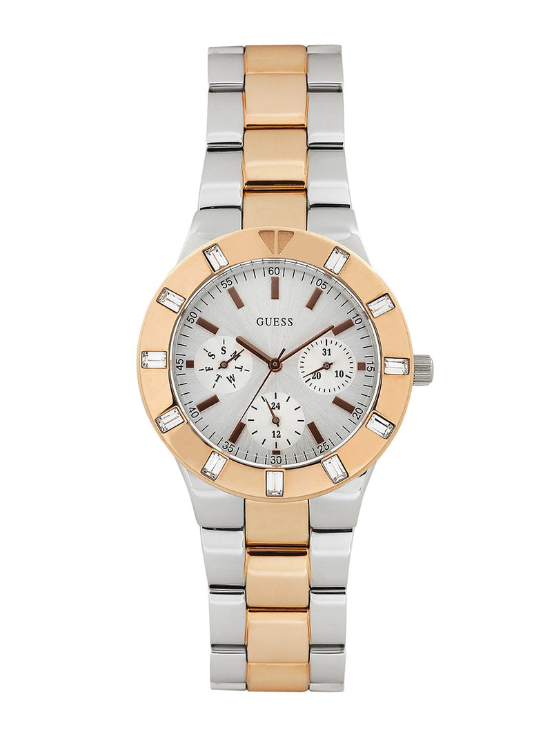 Guess Glisten Chronograph Analog Silver Dial Two Tone Steel Strap Watch For Women - W14551L1 Buy Now By Guess