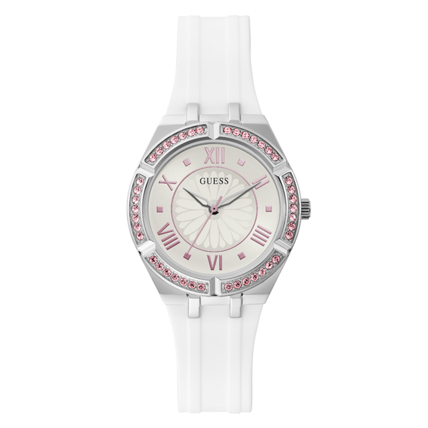 Guess Sparkling Silver Dial White Rubber Strap Watch For Women - GW0032L1 Buy Now By Guess